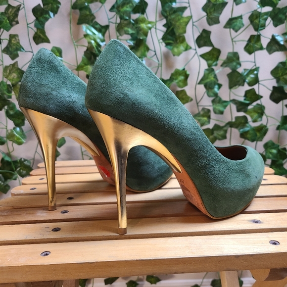 Zara Women's Faux Suede Green Gold Platform Evening Peep Toe Heel - Picture 7 of 16